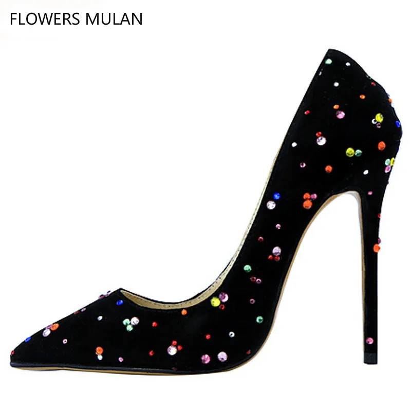 

Svonces New Fashion Elegant Black Evening Dress Shoes Pumps Colorful Crystals Pointed Toe Prom Shoes High Heels For Women