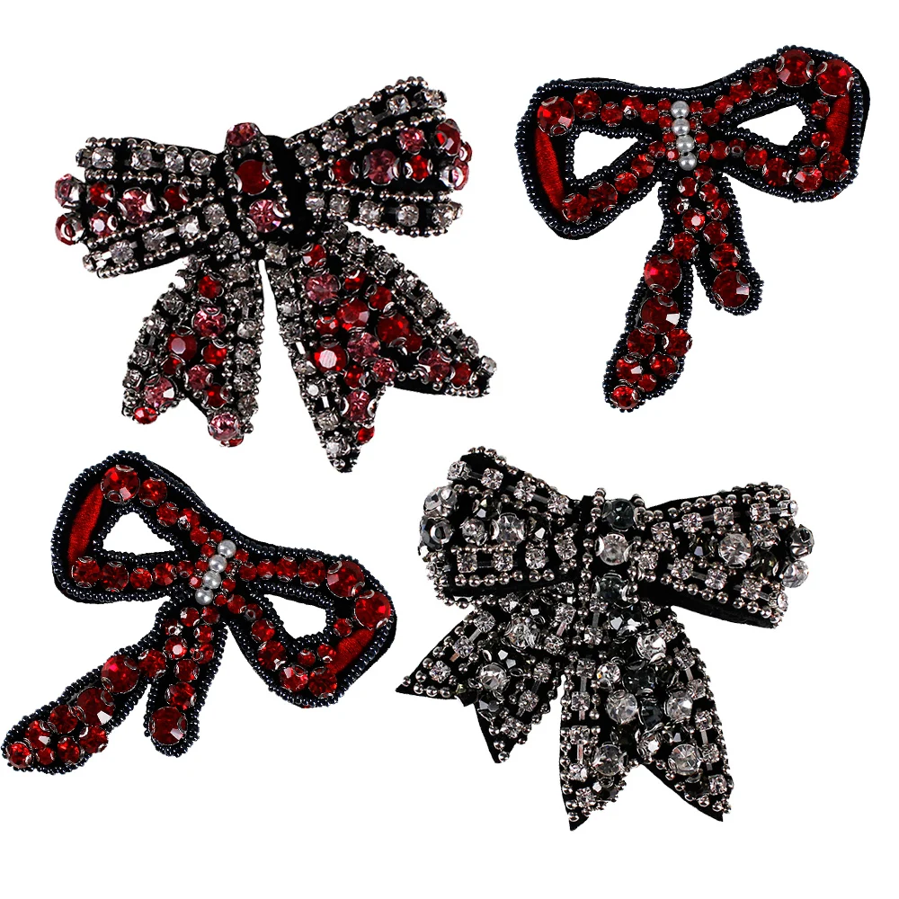 2pieces DIY Beaded Crystal Bow knot Patches Repair Badge Applique for