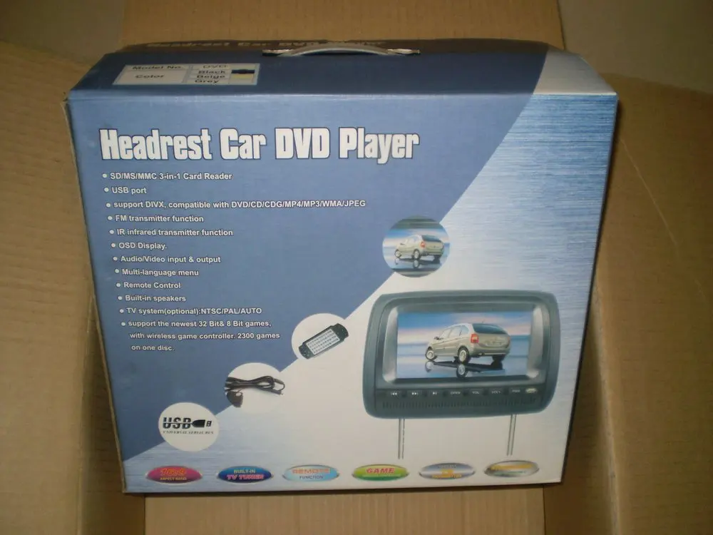 Clearance free shipping 9 inch headrest car dvd with zipper cover+32bit game+IR+USB+SD+FM 1