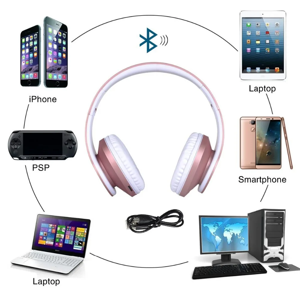 Беспроводные bluetooth стереонаушники цвета розового золота складные Накладные