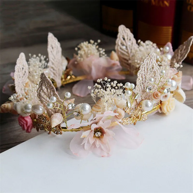 

Handmade Shell and Flower Wedding Bridal Tiara Headbands Bride Women Prom Party Tiara Crown Hair Jewelry Accessories