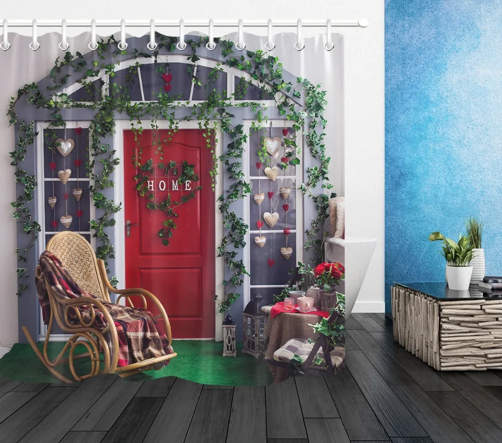 

Porch with Red Door Shower Curtain with Wicker Rocking Chair And Mat Set Bathroom Waterproof Polyester Fabric For Bathtub Decor