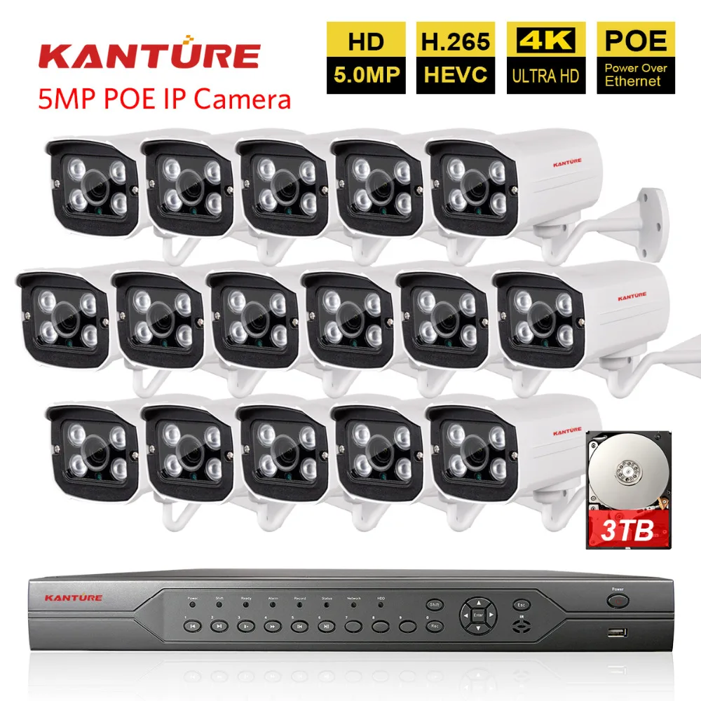 

H.265 16CH 4K 5MP POE NVR System 16pcs security in/Outdoor waterproof Array IP cameras 5MP 2592*1944 Onvif P2P POE IP Camera
