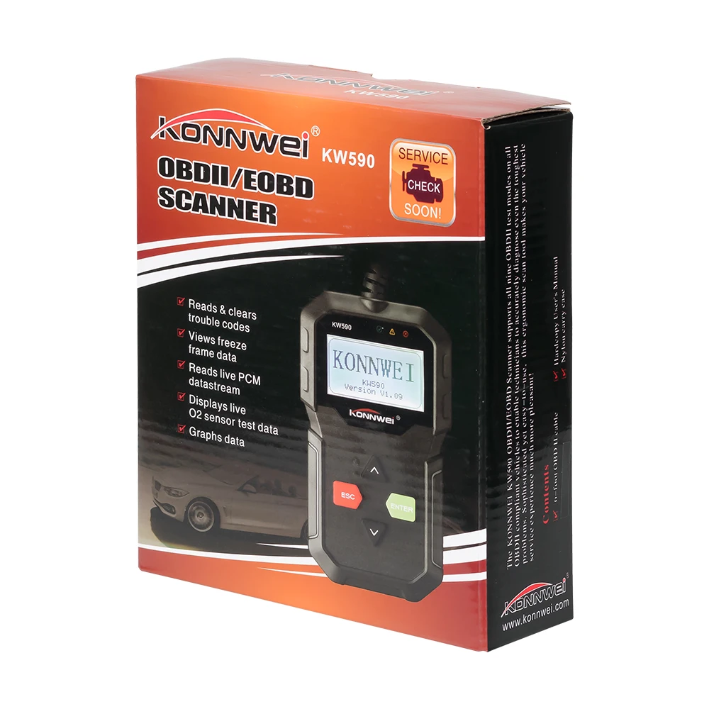 Диагностический инструмент KW590 OBD2 128*64 пикселей считыватель кодов поддержка
