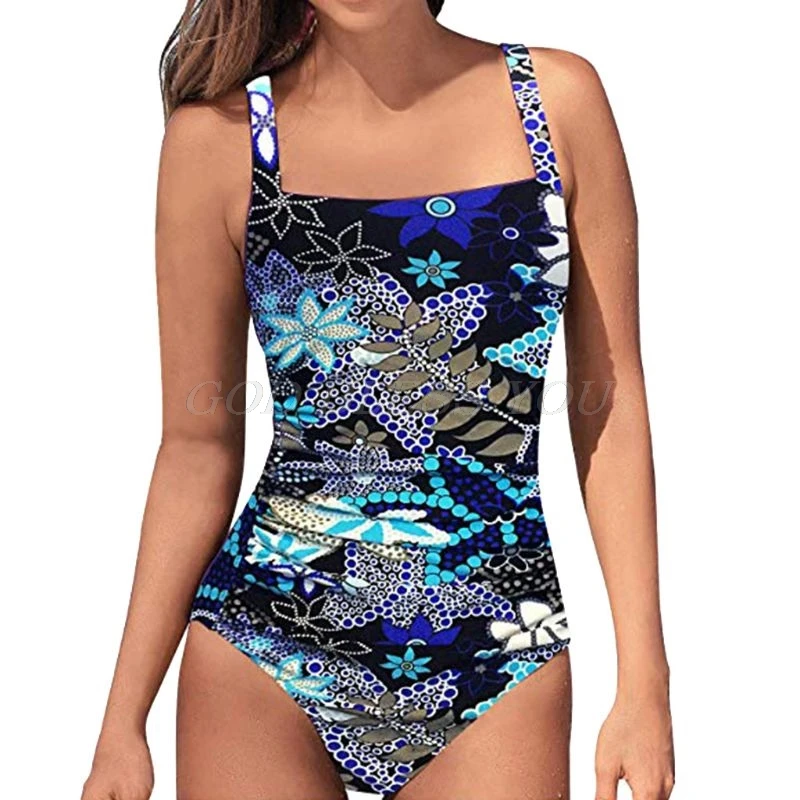 

Womens Summer One Piece Tankini Push Up Pad Ruched Tummy Control Swimsuit Abstract Colored Floral Printed Backless Bathing Suit