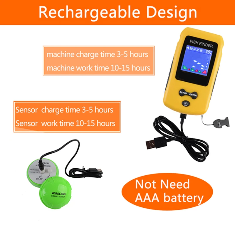 اللاسلكية صياد السمك قابلة للشحن سونار Fishfinder مدى عمق المحيط بحيرة البحر الذكية المحمولة تشطيب معالجة
