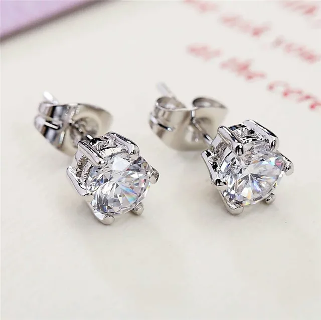 6mm Clear Stud Earrings Brilliant Round Cut CZ Zircon Stainless Steel Stud Earrings For Woman