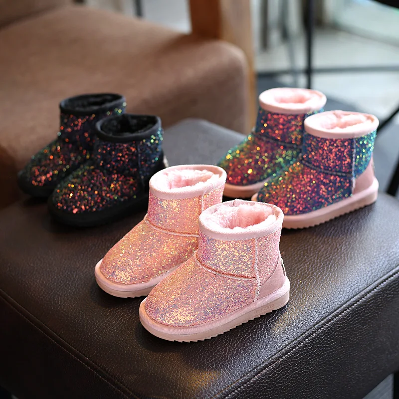Freezing Cold Winter Children Snow Boots Sequined Girls Plush Snow