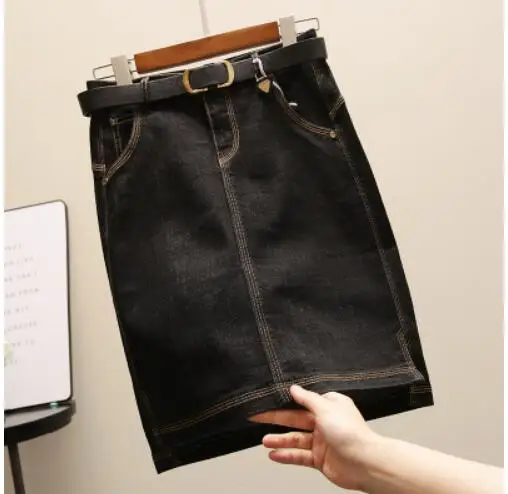 Весенне-осенняя джинсовая юбка с завышенной талией, Размер 2xl, джинсовая юбка, Облегающая джинсовая юбка до колен - Цвет: black