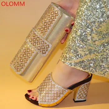 

OLOMM Gold Shoes with Matching Bags Set Decorated with Rhinestone Nigerian Shoes and Matching Bags African Shoes and Bags .Y-15