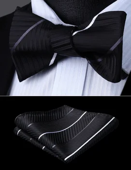 

Bow Tie handkerchief set Men Woven Party Wedding White Black Striped Self Bow Tie Pocket Square Set#BS913LS