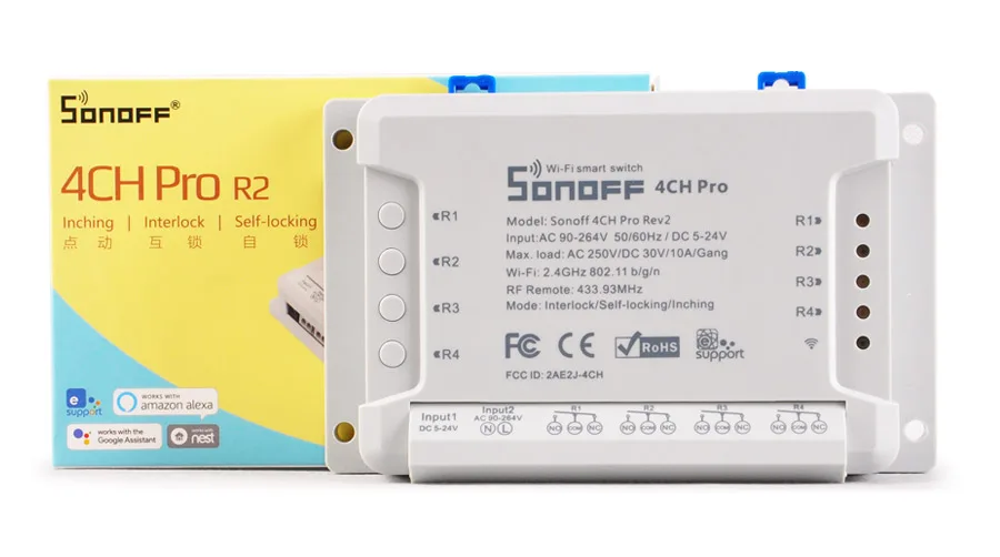 Интеллектуальный выключатель света Sonoff 4CH Pro R2 умный переключатель дистанционного управление 4 Каналы 433 МГц 2,4G Wi-Fi пульт для Управление Смарт модули автоматизации 90-250 В переменного тока(50/60 Гц)/5-24 В постоянного тока