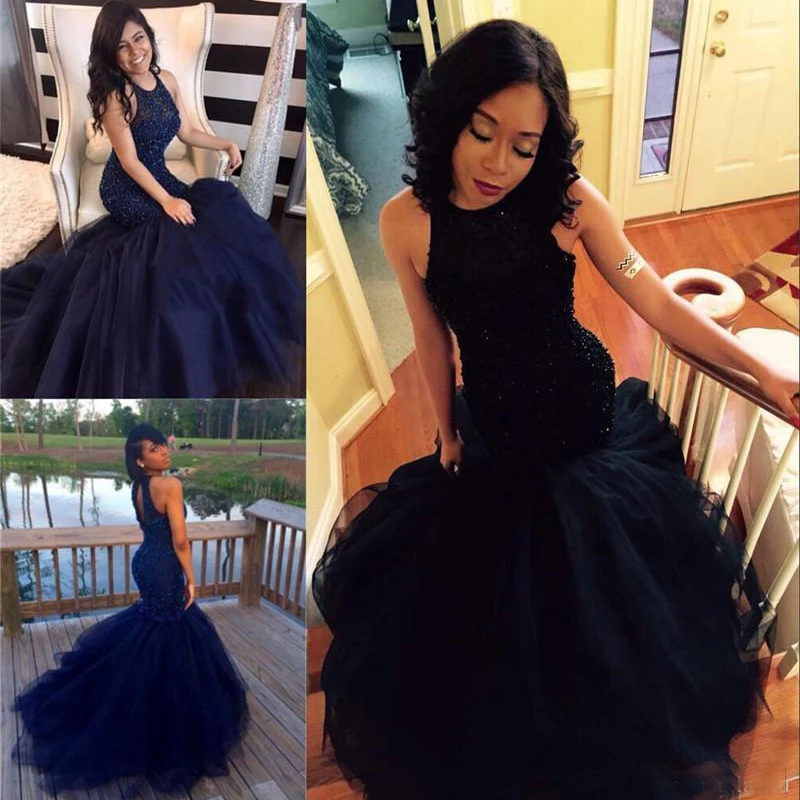 

Dark Navy Blue Prom Dresses Mermaid Style Major Beading Evening Keyhole Party Dresses Ruffle Arabic Pageant Party Gowns