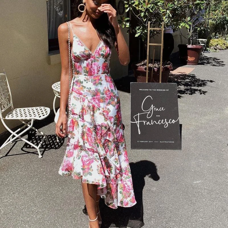 

2019 Summer Runway Dress Women Sexy Floral Print Strapless Strap Ruffles Plead teIrregular Dress Holiday Party Midi Dresses