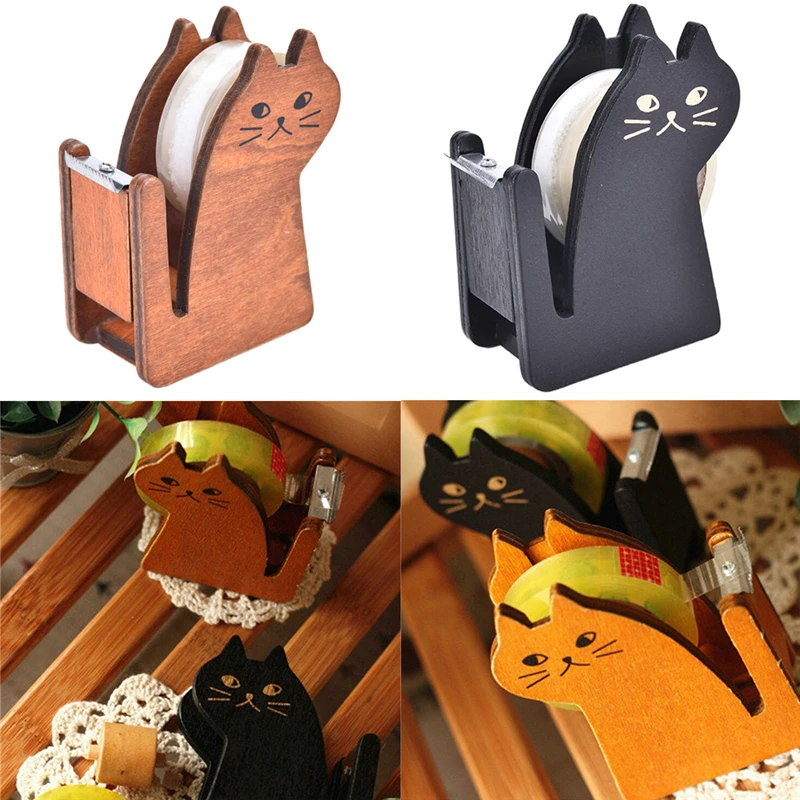 Kawaii Cute cat wooden tape Dispenser Tape holder Tapes cutter Office