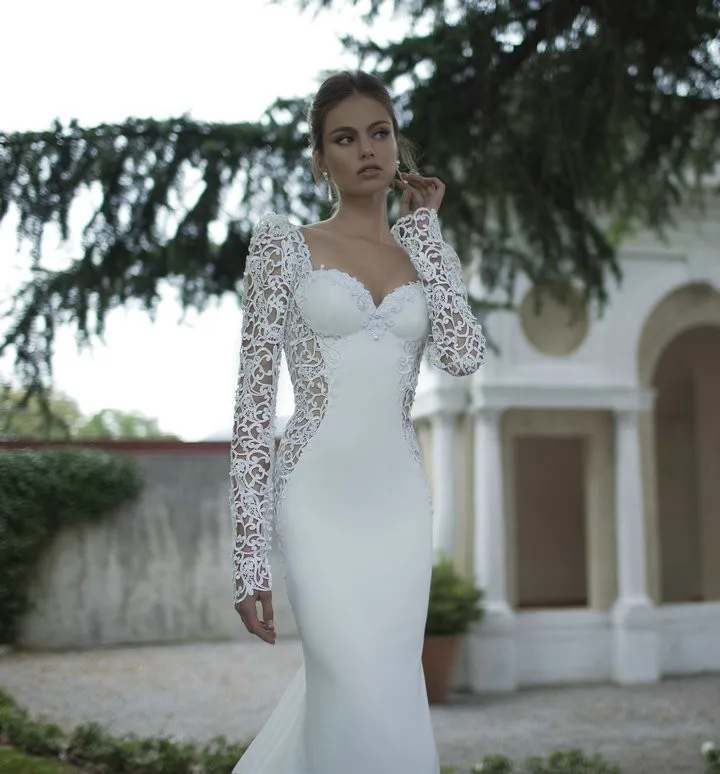 

Novelty Sexy Wedding Dress Party Long Sleeve Mermaid Bridal Dress Ivory 2014 White Lace Backless Wedding Gown for Women
