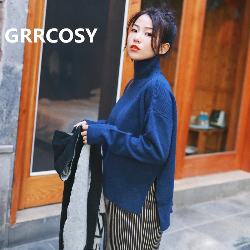 

GRRCOSY Maternity Autumn Winter Women TurtleneckKnit Sweater Loose Thicken Side Split Length Asymmetry Pregnant Woman Clothes