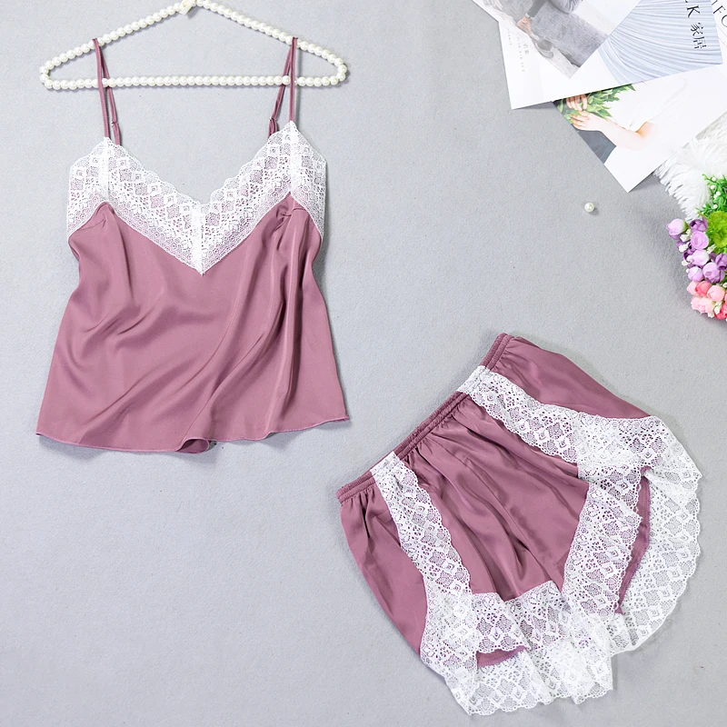 

Pyjamas Women Silk Satin Sleepwear Sexy Lace Pajama Suit Home Wear Straps Pijama Ladies Lingerie Set V-neck Underwear
