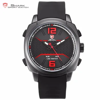 

Whitetip Reef Shark Sport Watch Black Red Honeycomb Dial Face With Soft Silicone Strap LED Dual Movement Digital Watch / SH488