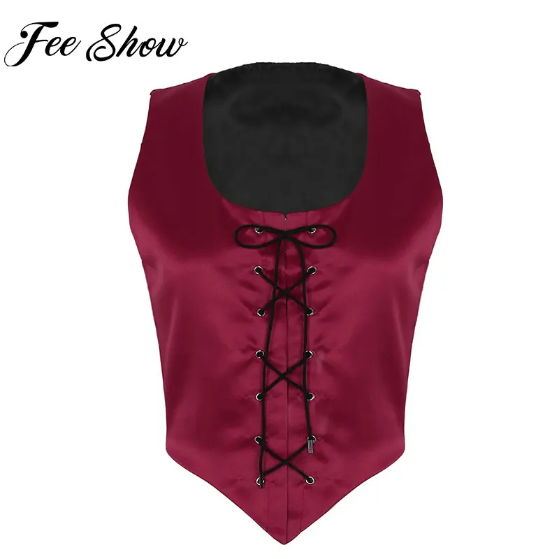 

FEESHOW Retro Women Female Medieval Halloween Reversible Costume Bodice Waistcoat Tops Pirate Fair Wench Corset Lace Up Vest Top