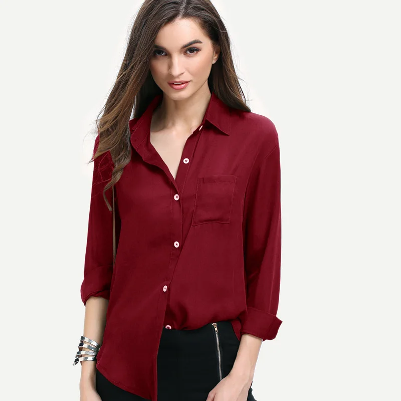 2017 Spring Women Blouse Fashion Red Solid Color Ladies Shirt Elegant