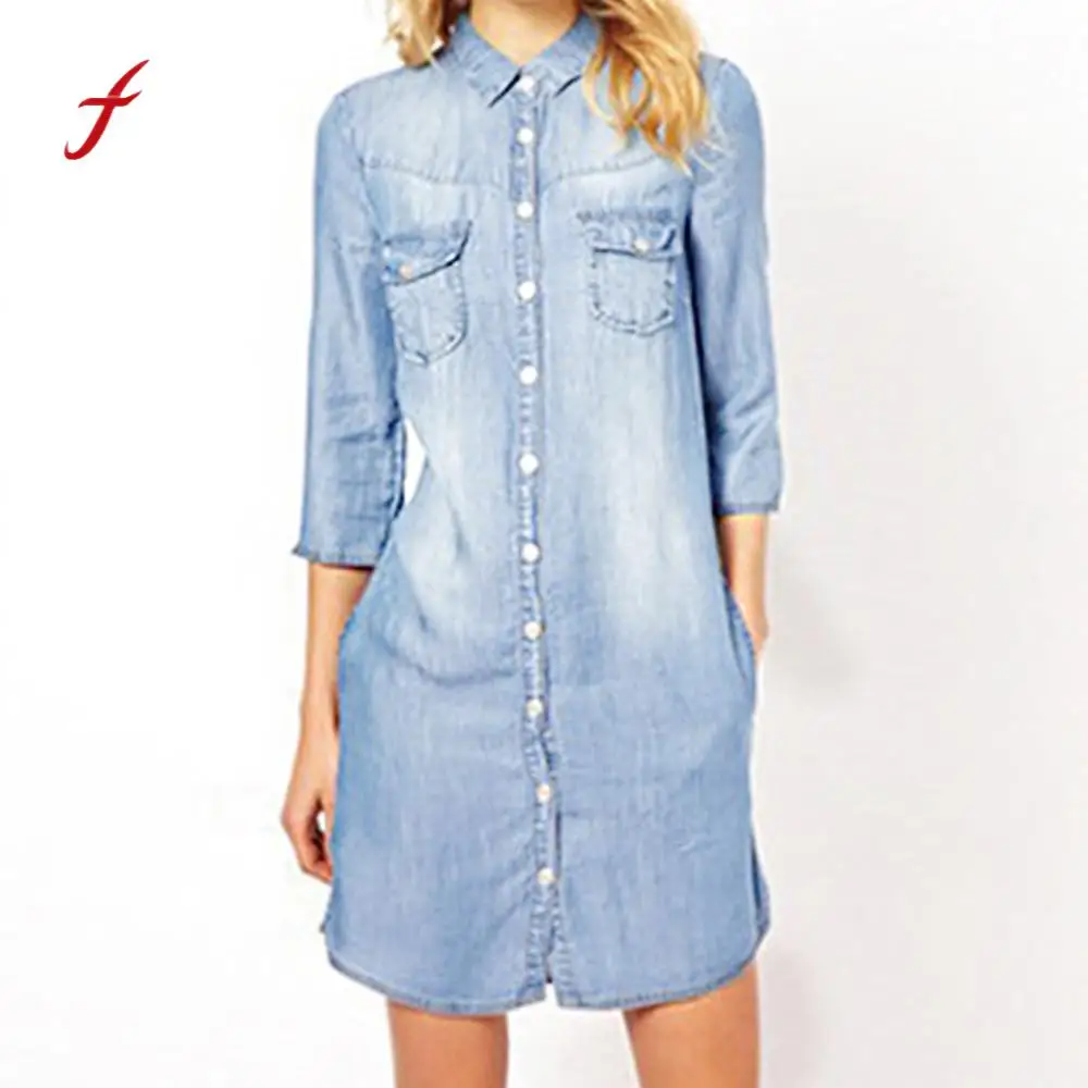 

Feitong Vestidos verano Fashion dress Women Denim Large Buttons Three Quarter Pocket Dress elegant Women vestidos plus Size /PY