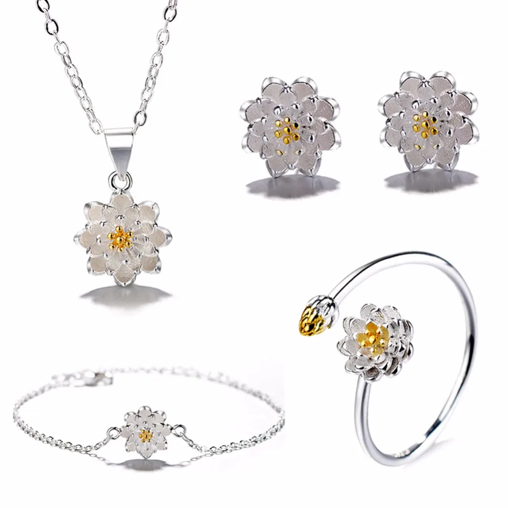 

4pcs/set Lotus Bracelet Ear Stud Adjustable Ring Necklace Pendant Chinese Style Daisy Flower Jewelry Sets Gift For Women Silver