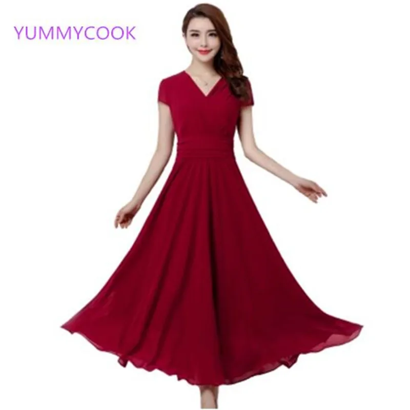 YUMMYCOOK Новое Женское шифоновое длинное платье летнее с коротким рукавом модное
