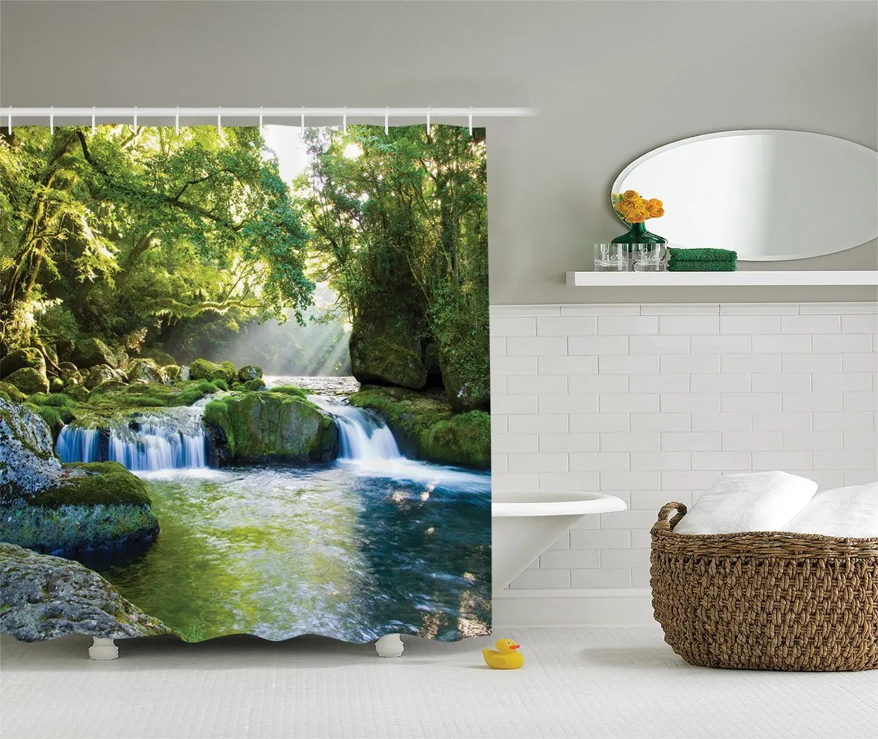 Rainforest Waterfall Decor Shower Curtain by , Foliage Jungle Misty