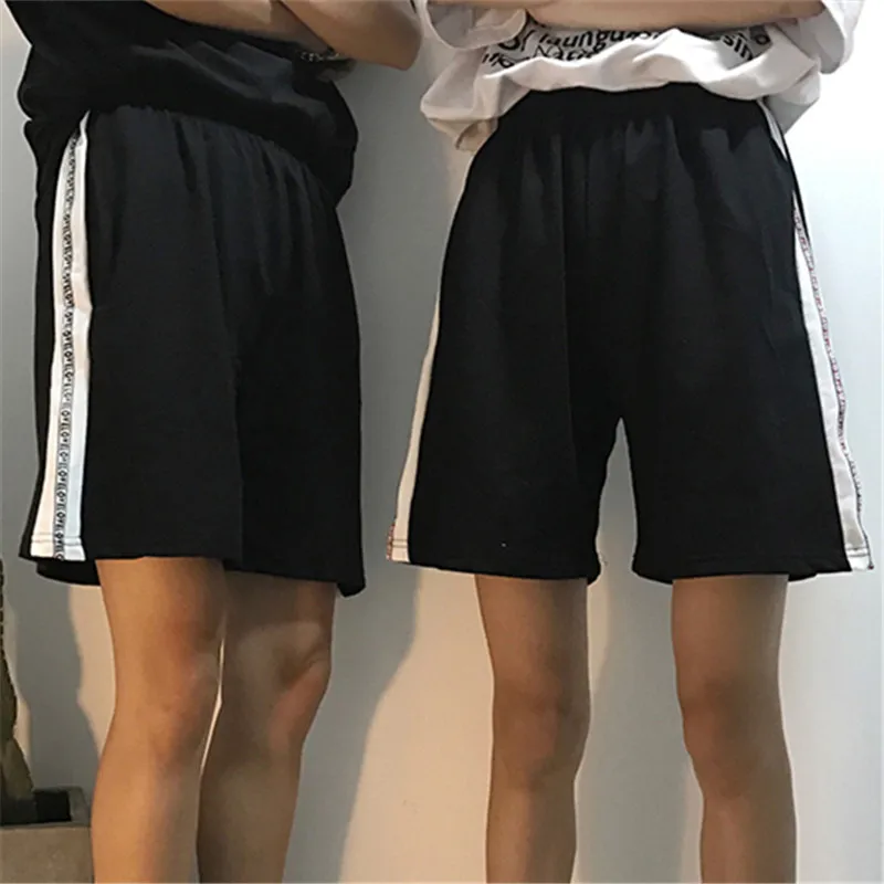 

Harajuku Casual Wide Shorts Women Knee Length Classic Loose Couple Side White Strip Korean Letter Webbing Shorts Lovers