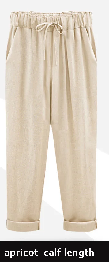 Шаровары Капри женские летний Стиль Высокая талия Свободные яркие цвета хлопок льняные брюки женские брюки плюс размер M-6XL - Цвет: apricot calf length