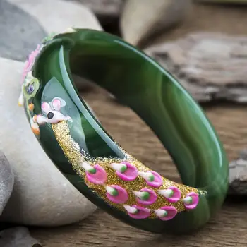 

Natural Brazilian agate bracelet painted green peacock carved shell inlaid jade bracelet chalcedony ring female bracelet bangle
