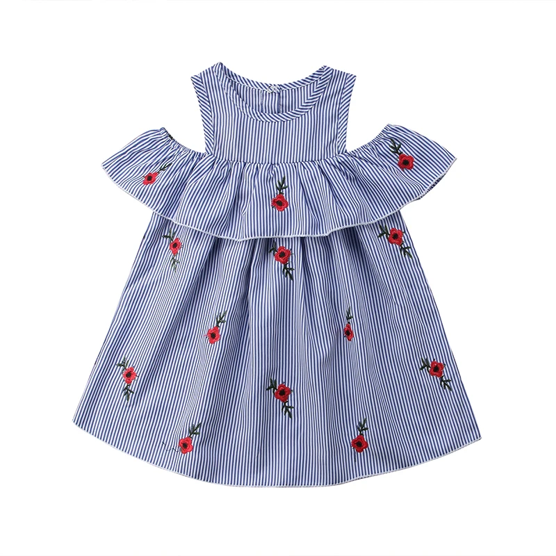 

Princess Baby Girl Summer Off shoulder Ruffles Embroidery Flower Striped Formal Pageant Party Dress One Pieces Kids Clothes