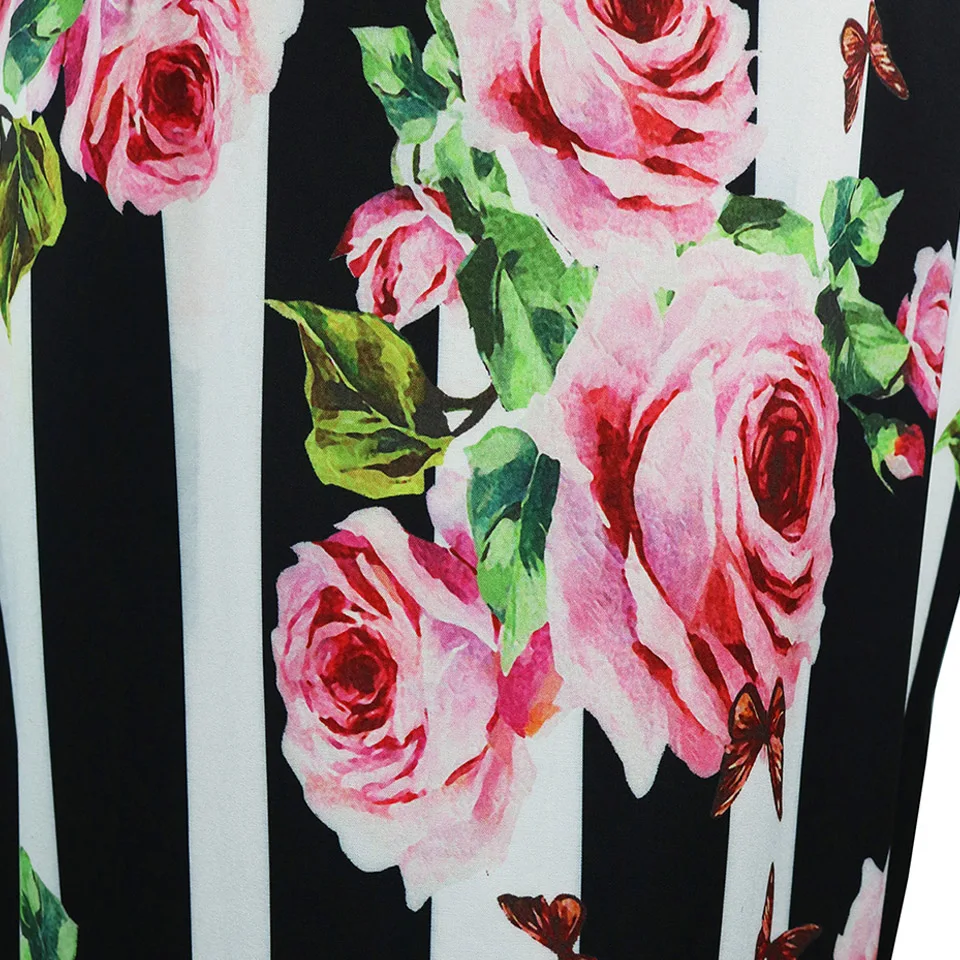 Us 4621 Spring And Summer New Chiffon Strap Word Collar Sexy Trend Bold Rose Digital Printing Black And White Stripes Bold Hit Color Atm In Dresses