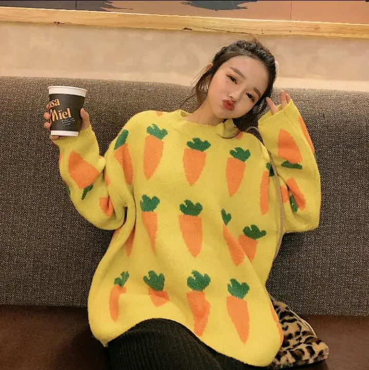 Женская одежда милый кавайный толстый свободный свитер с вышивкой морковки женский Harajuku Ulzzang свитер для женщин Ulzzang вязаный - Цвет: Цвет: желтый