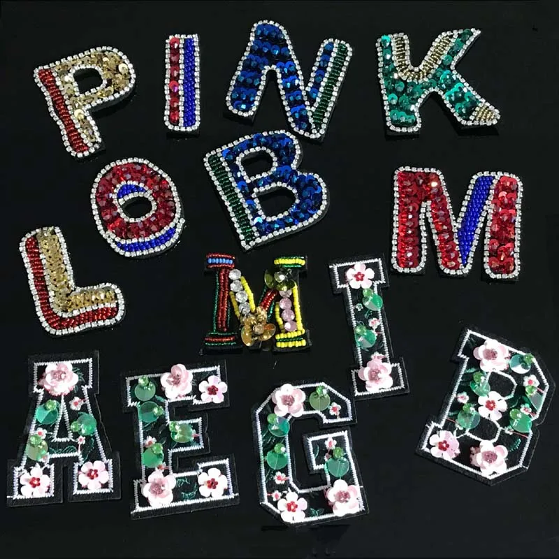 

Handmade Rhinestone beaded Patches Letters Sew on sequin Crystal patch for clothing beading Applique