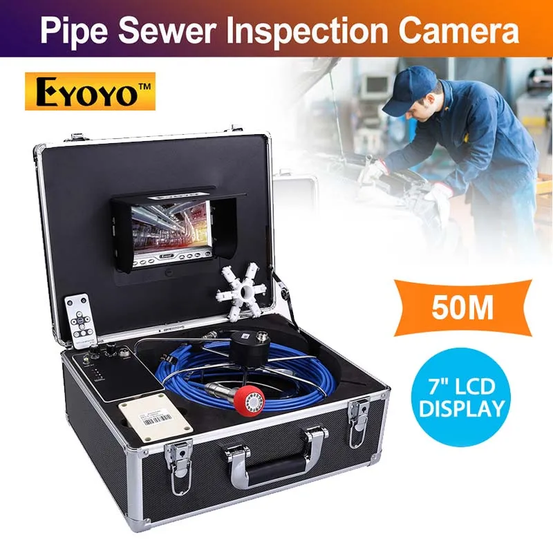 

Eyoyo 50M Pipe Pipeline Sewer Inspection Camera Wall Industrial Endoscope Video System with 7 Inch LCD Monitor 1000TVL Camera