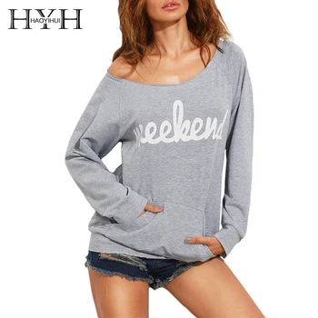 

HYH HAOYIHUI Letter Printed Chic Top Streetwear Gray Casual Long Sleeves Basic Swearshirt Autumn Crew Neck Pocket Pullover Solid