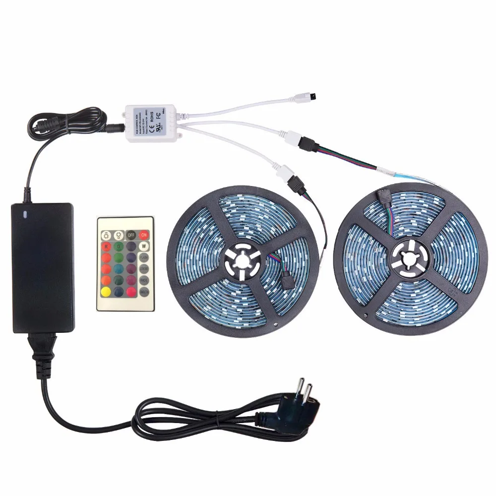 

Flexible LED strip light kit 10M 5050 RGB color changing LED tape lights + 24 Key RGB controller + DC12V power adapter