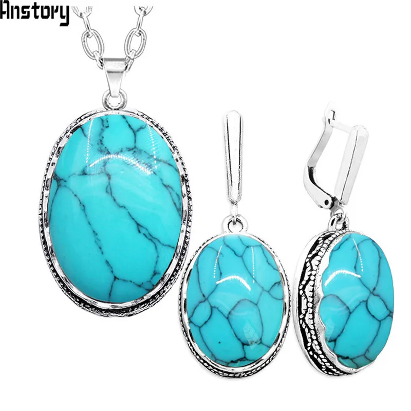 

Flower Pendant Oval Natural Stone Necklace Earrings Jewelry Set For Women Antique Silver Plated Stainless Steel Chain TS336
