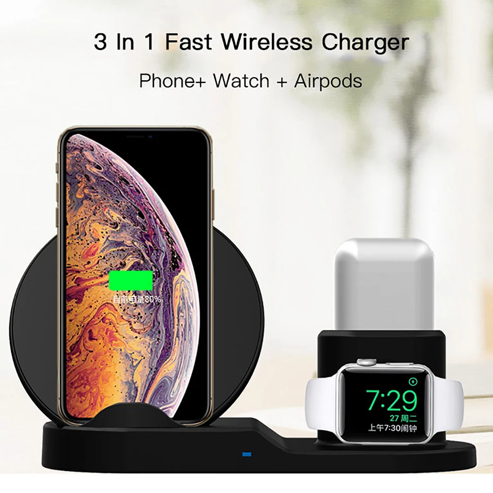 Беспроводное зарядное устройство 3 в 1 QI для iPhone 8 X XS MAX Watch 2 4 Airpod Samsung Galaxy S8 S9 Note 9