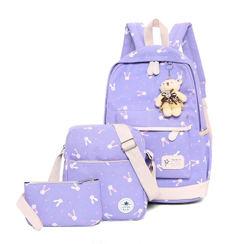 

Cute Canvas Large Capacity Backpack For 4-6 Grade Primary School Bag, Rabbit Pendant Cartoon Print Design,3 Sets,7 Colors