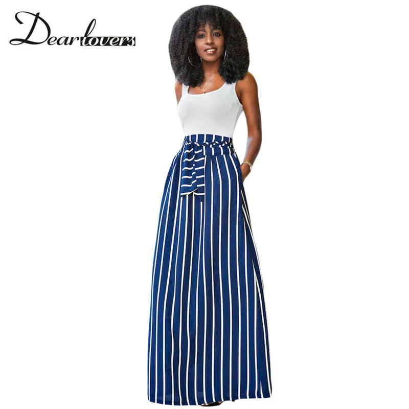 Dear lover 2017 Autumn Women Long Skirt Chic Colorblock Striped Maxi