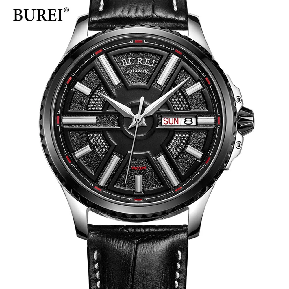 

relogio masculino New BUREI Automatic Watches Men Mechanical Clock Genuine Leather Strap 30m Water Resistance Business Watch