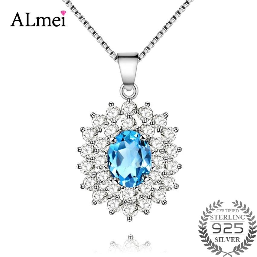 

Almei 0.8CT Natural Blue Topaz Princess Diana Wedding Pendant Necklace Female Pure 925 Sterling Silver Jewelry with Box 10%CN001