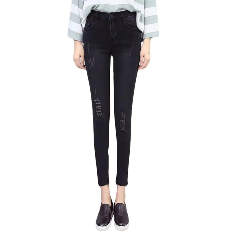 

2017 nwe fashion hole ripped jeans Women denim high waist pants ankle length pants Female skinny black casual jeans