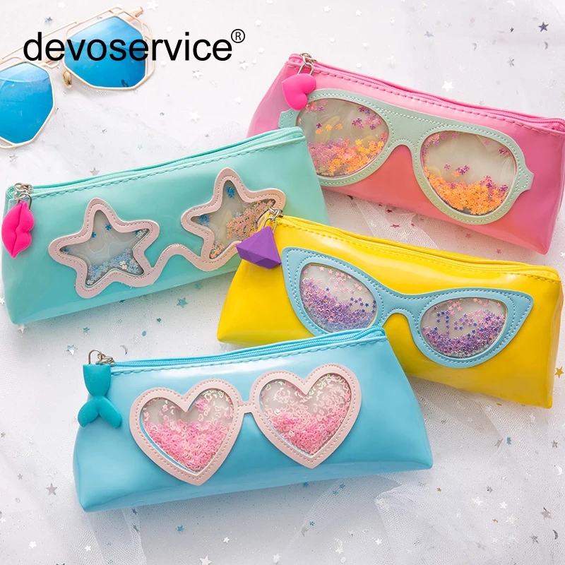 

Creative Cool Sequin Pen Sandpaper Reflective Pencil Bags Heart Pencil Bag Student Cosmetics PU Storage Bag Stationery Supplies