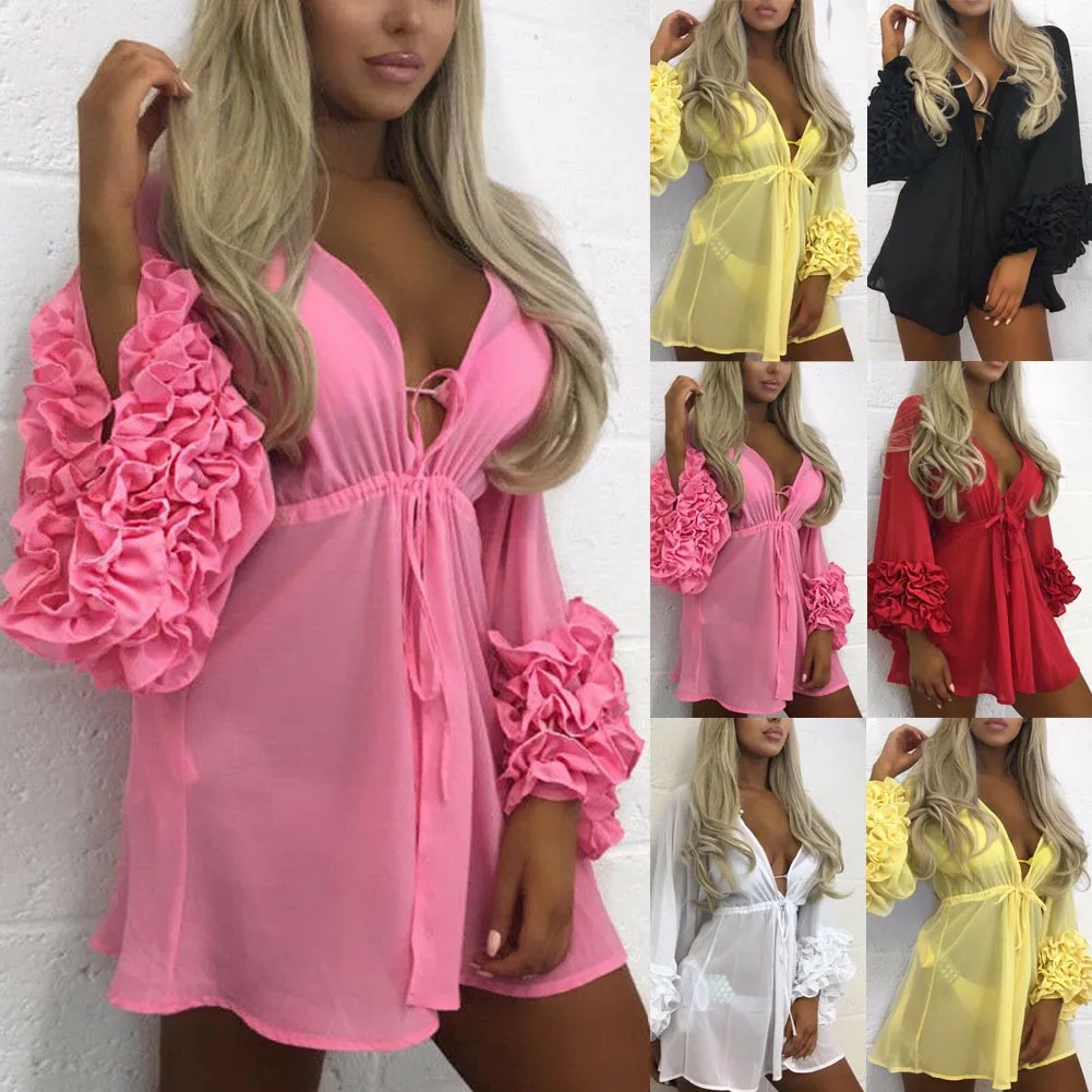 Summer Women Swimsuit Bikini Cover Up Kaftan Sarong Sexy Beach Cover Ups Chiffon Dress Elegant Solid Beach Bathing Suit tunic