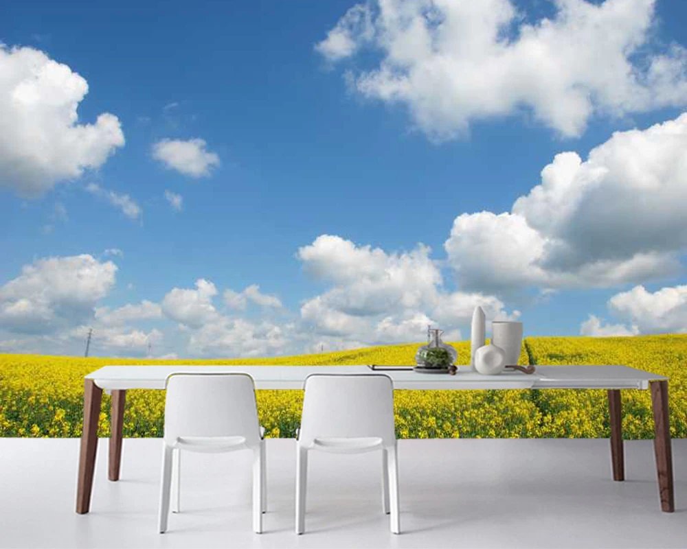 

Papel de parede Blue sky white clouds and yellow field natural 3d wallpaper,living room TV wall bedroom wall papers home decor