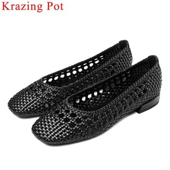 

Handmade concise style classic square toe slip on loafers baller shoes art design weaving breathable hollow grandma shoes L90